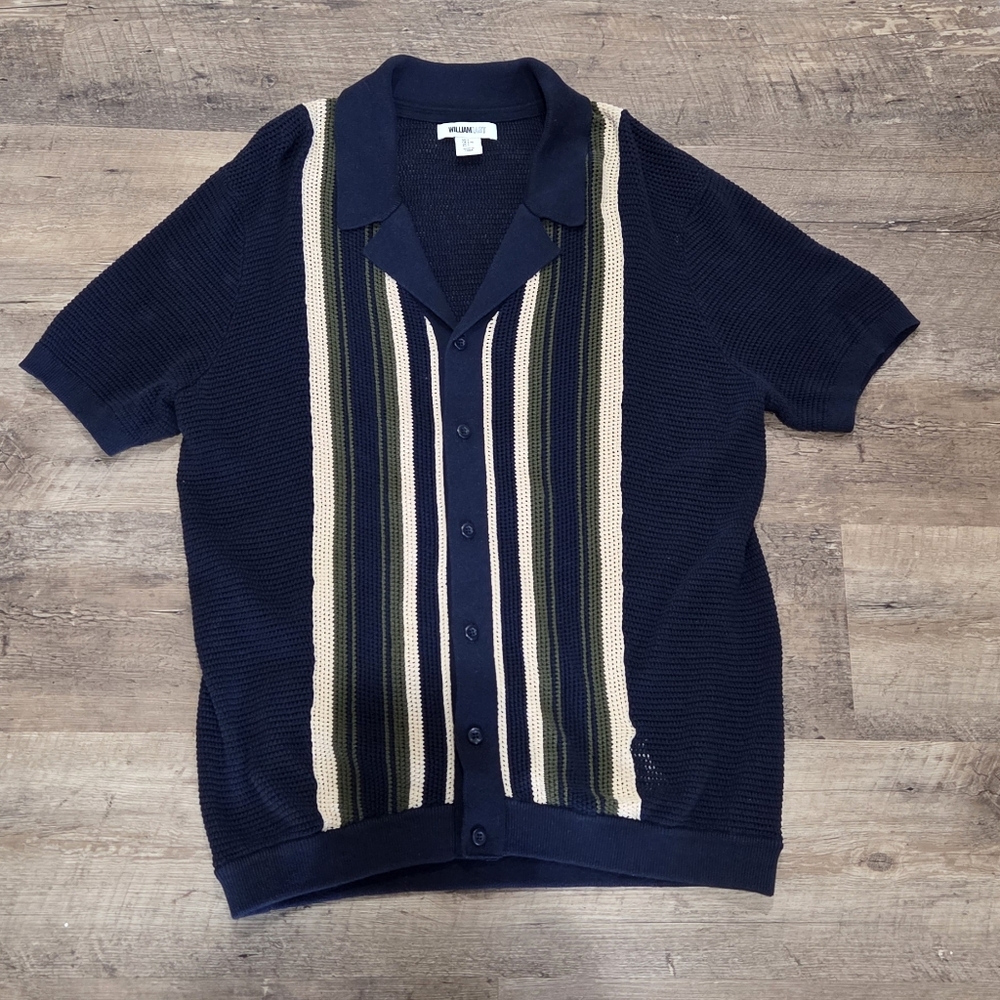 William Rast Navy Knit Short Sleeve Shirt with Cream and Olive Stripes Large